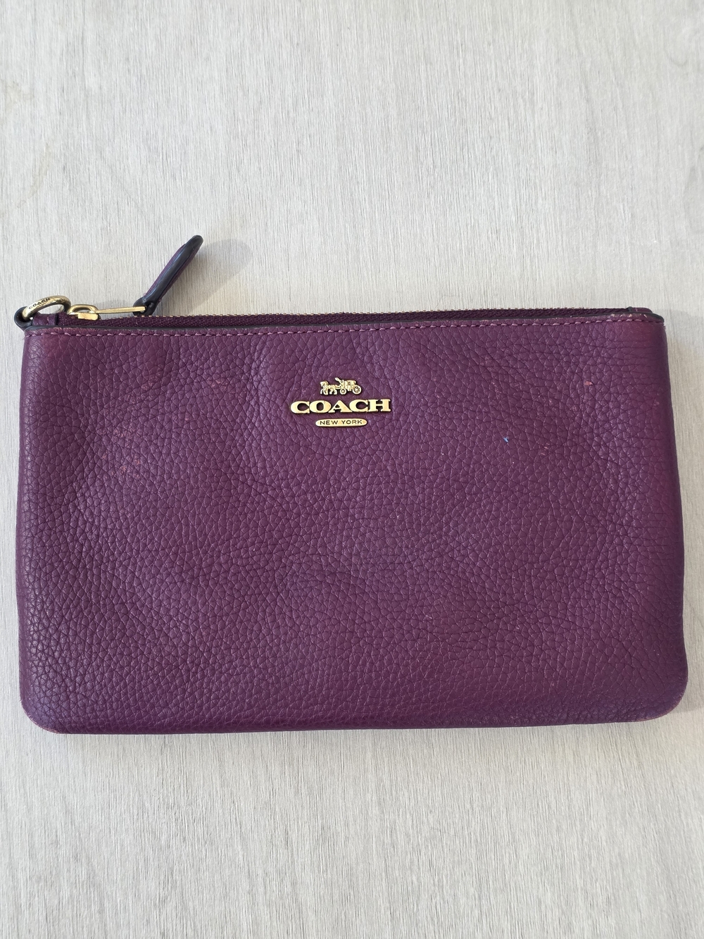 COACH Pebbled Leather Zip Wristlet in Plum